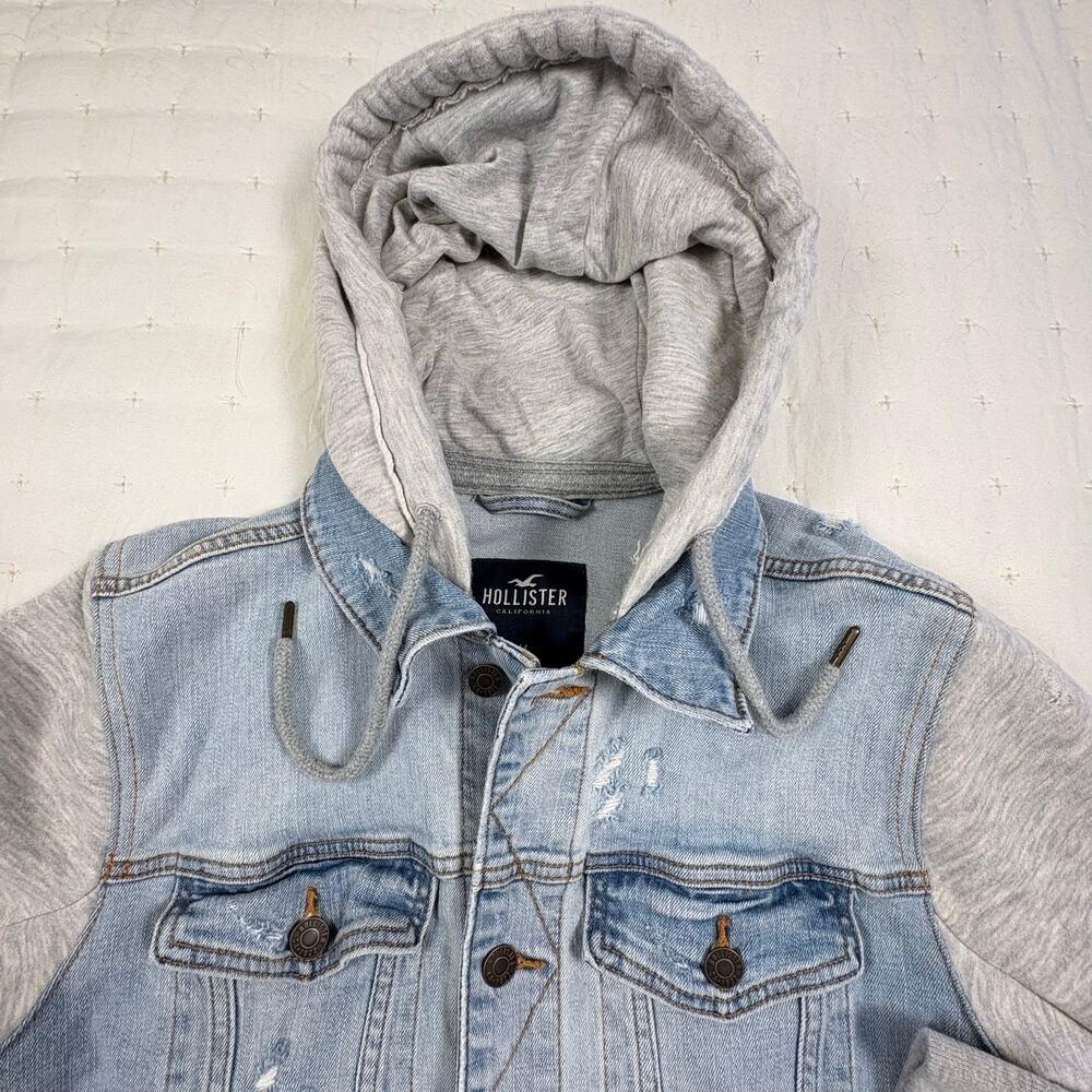 Hollister Mixed Media Jean Jacket Hoodie Women's M Blue Denim Streetwear - Picture 2 of 11